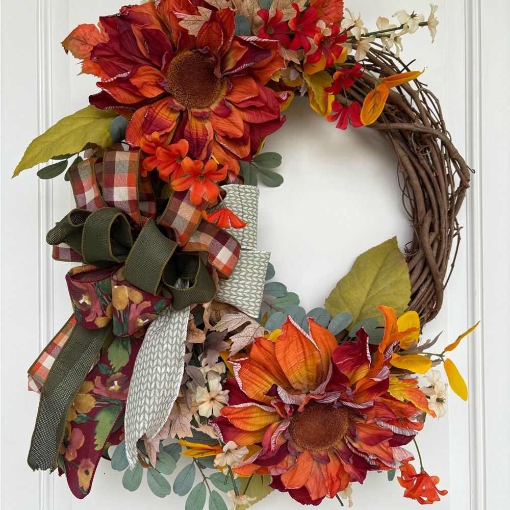 Autumn Harvest Wreath with Sunflowers and Plaid Ribbon